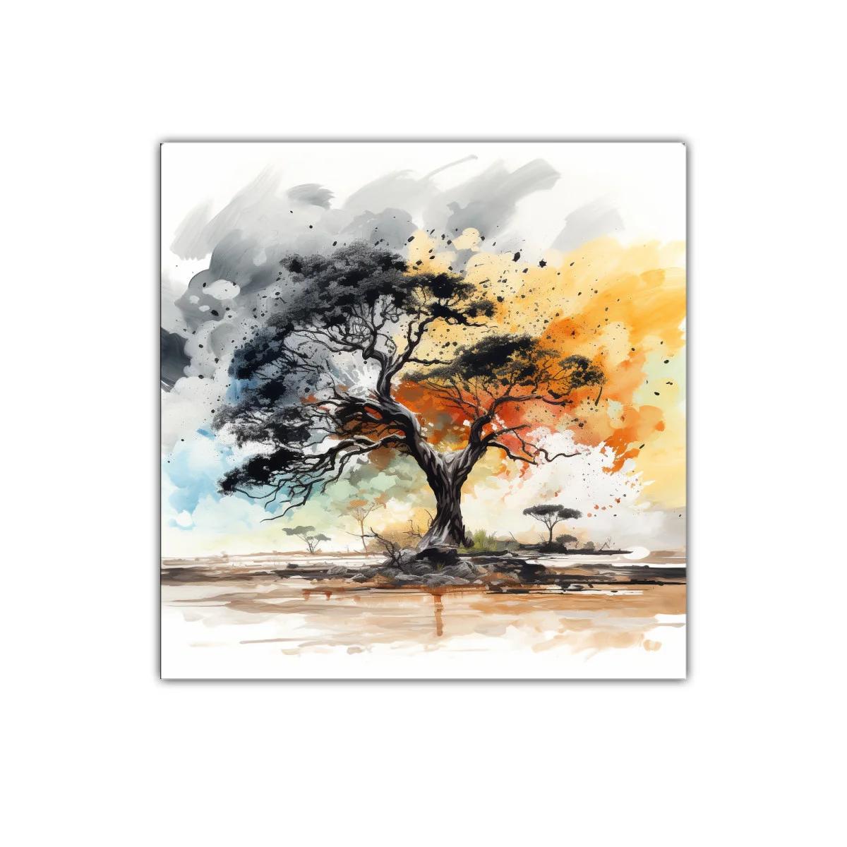 Árbol solitario con explosión de colores cálidos y fríos — imagen principal