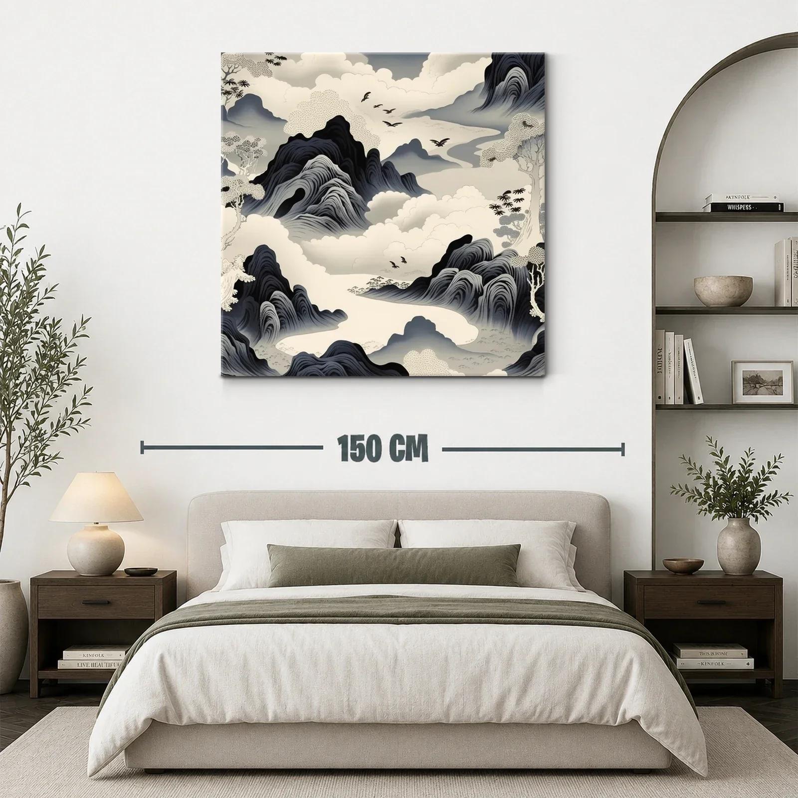 Paisaje onírico con montañas y aves en tonos neutros — miniatura 3