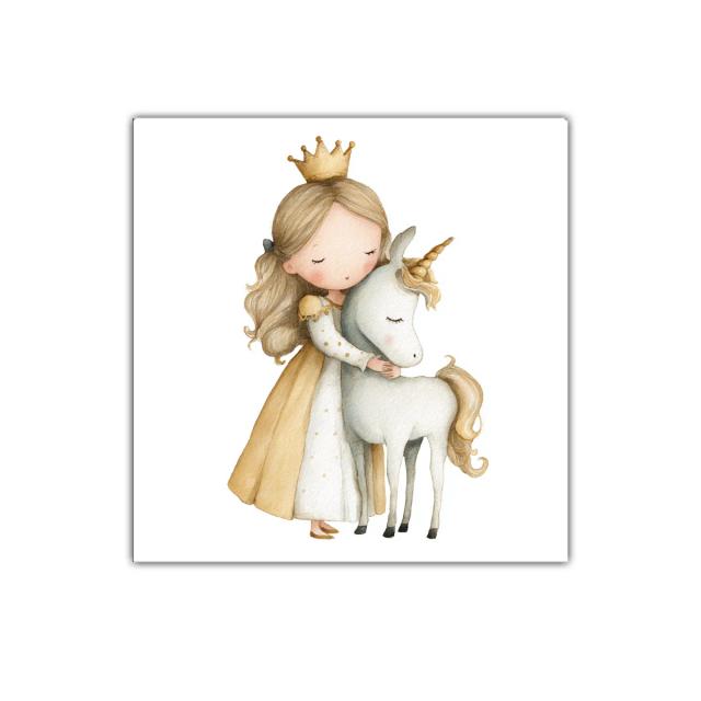 Niña con corona abrazando unicornio en tonos suaves