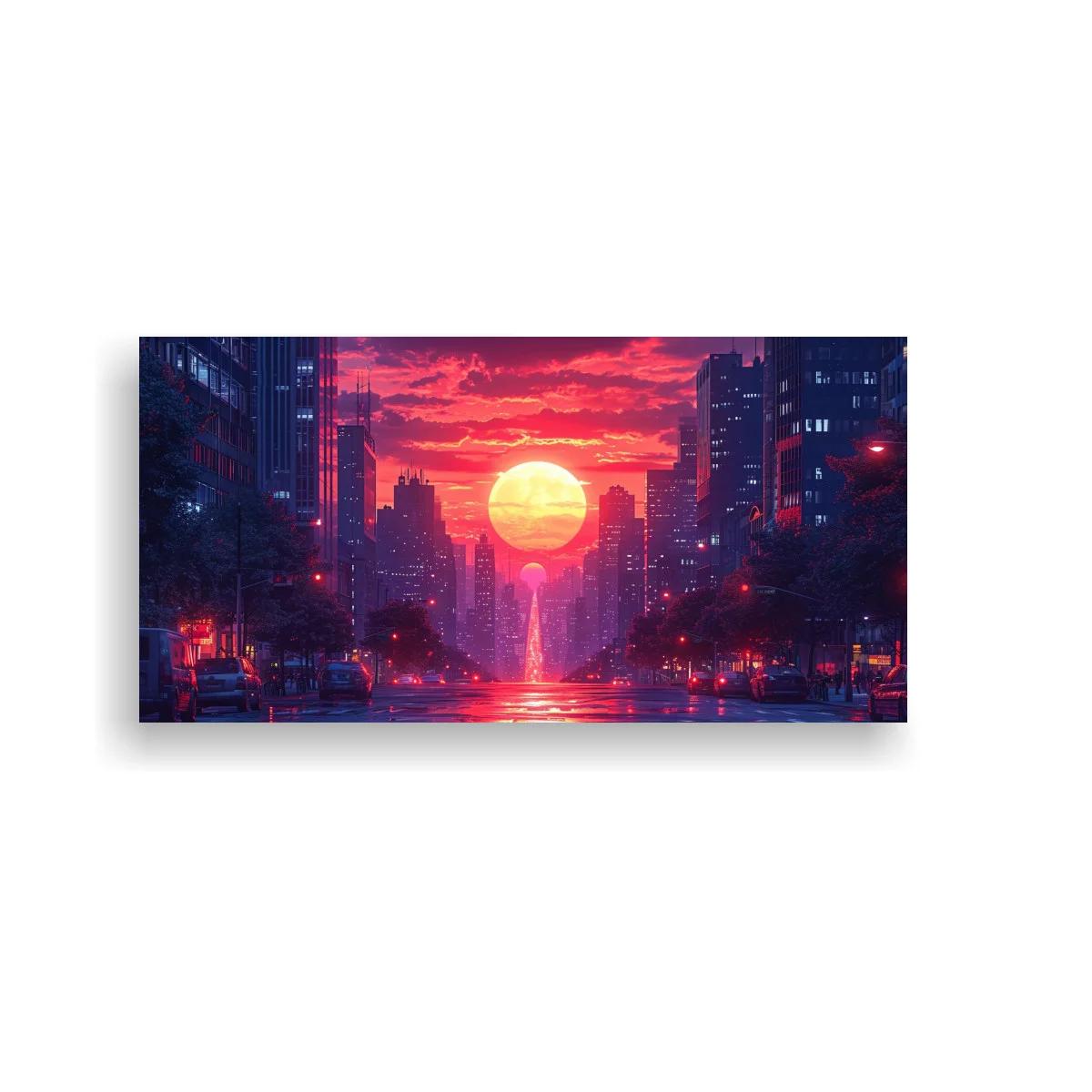 Cuadro sol gigante sobre avenida urbana