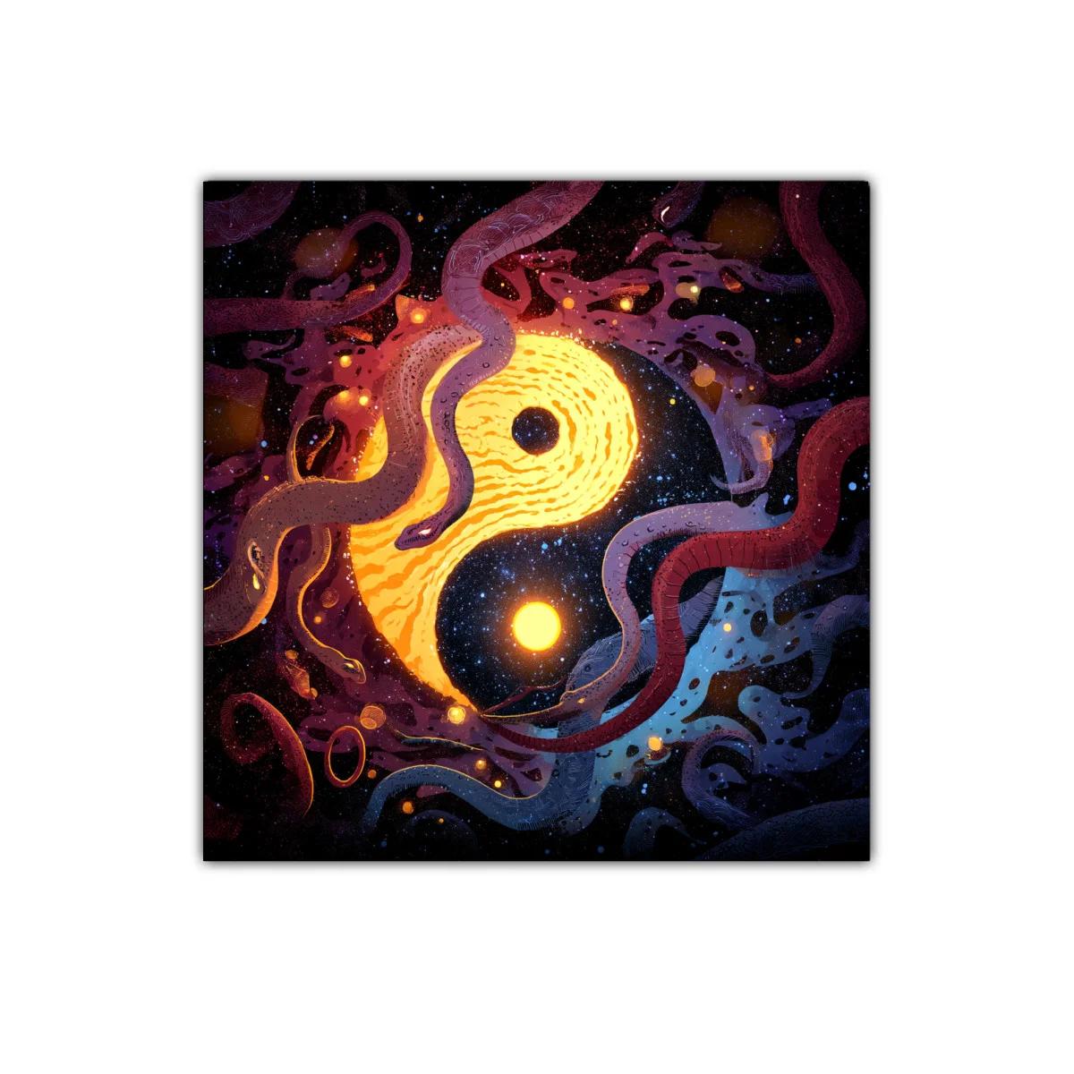 Yin Yang cósmico entre serpientes en galaxia vibrante