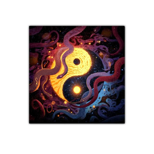 Yin Yang cósmico entre serpientes en galaxia vibrante