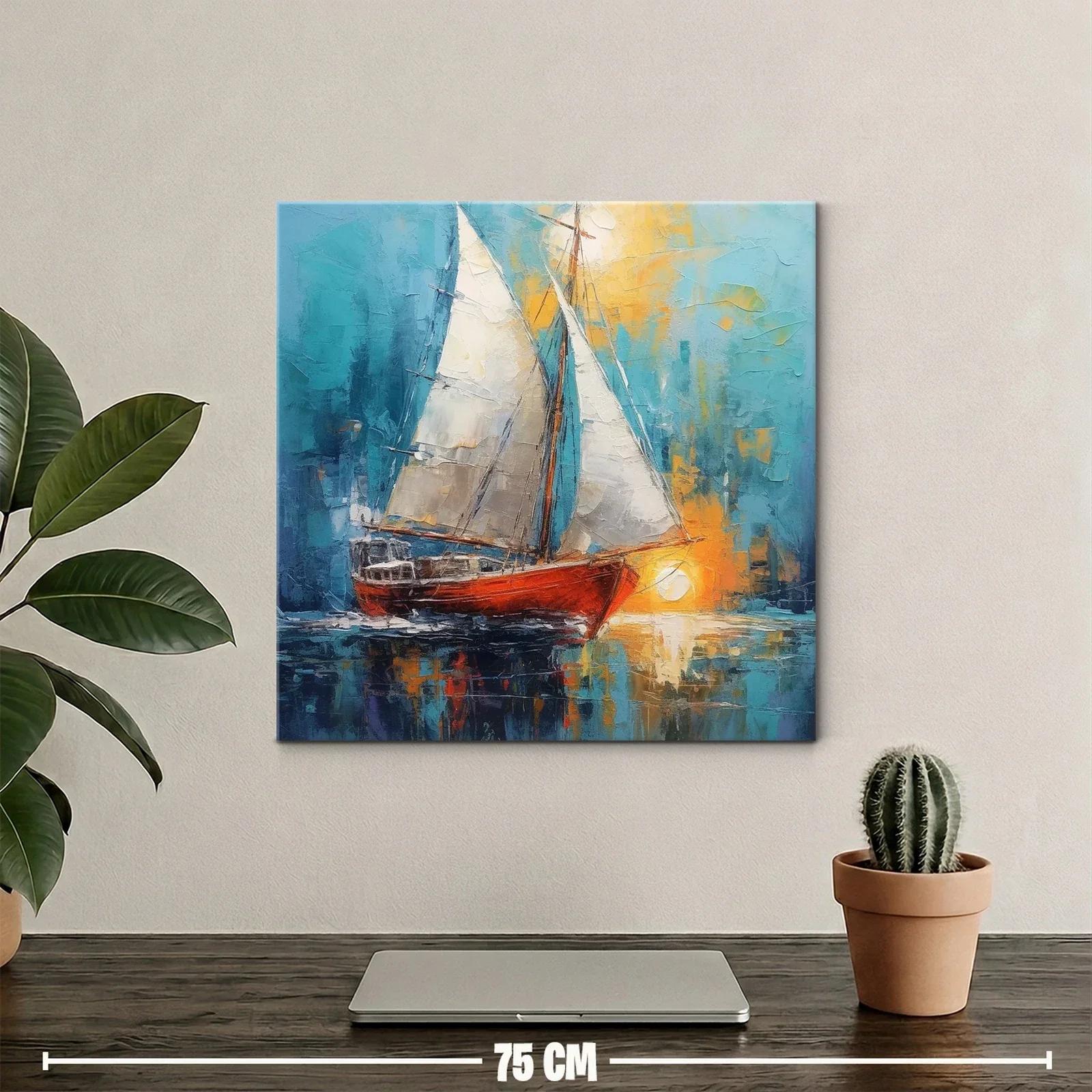 Barco de vela rojo reflejado en agua bajo atardecer brillante — miniatura 2