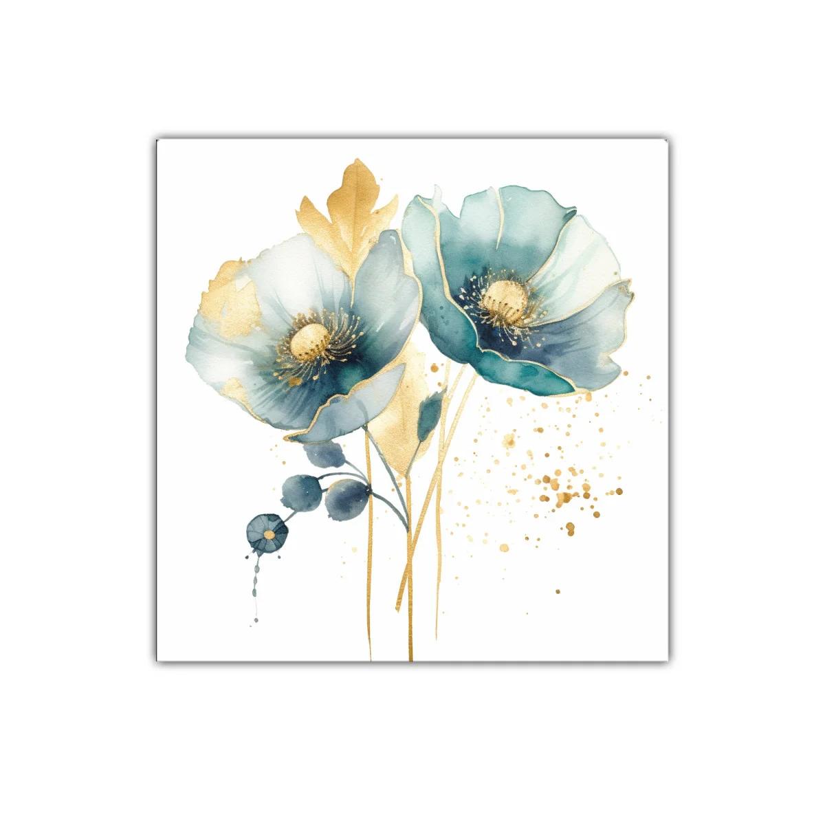 Cuadro decorativo flores azules y doradas estilo elegante