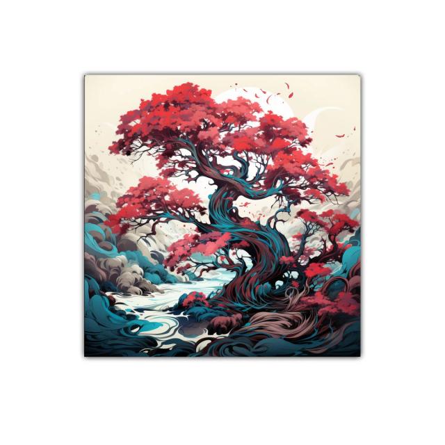 Árbol mágico con vibrantes hojas rojas y fondo onírico