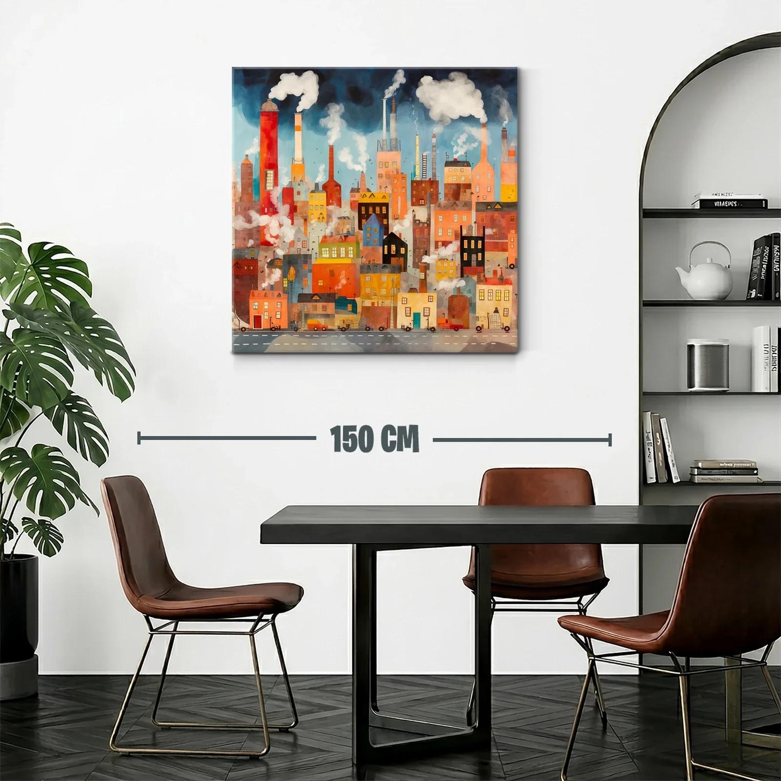 Ciudad industrial con chimeneas y humo en tonos cálidos — miniatura 2