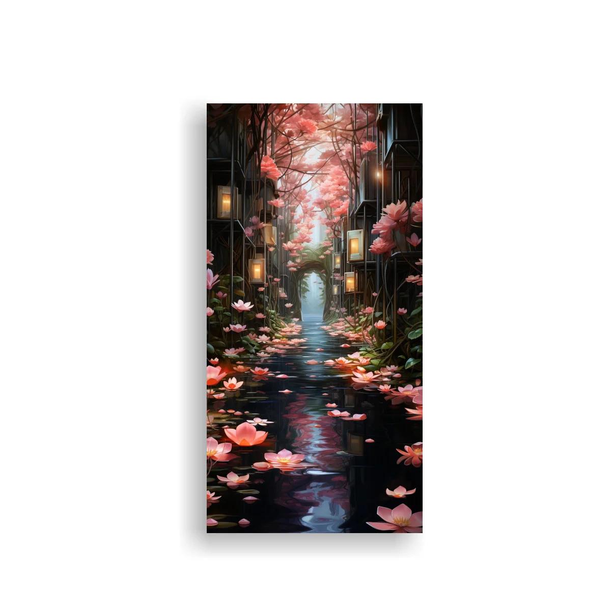 Cuadro canal con flores de loto y faroles cálidos