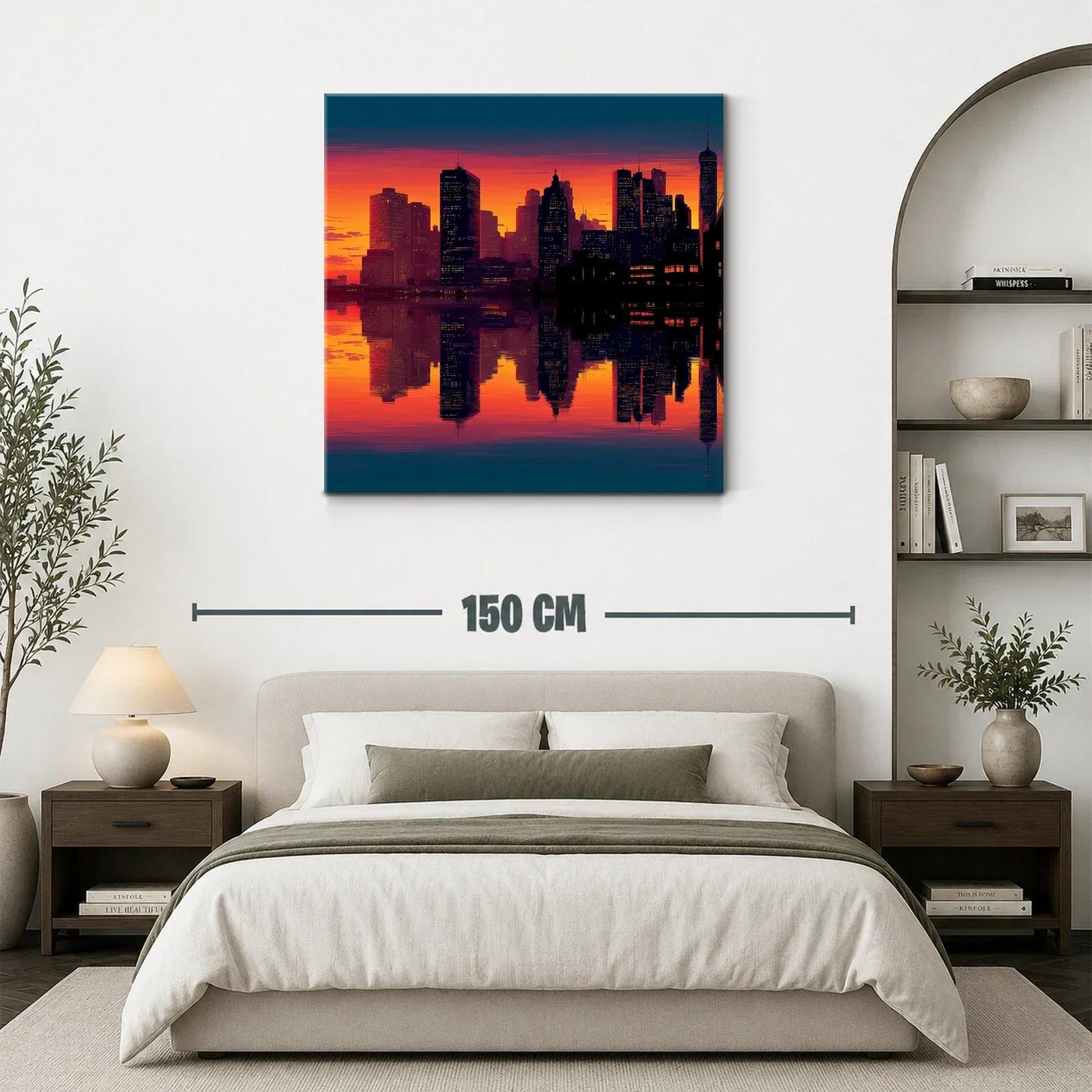 Atardecer vibrante sobre ciudad con reflejo en agua — miniatura 3