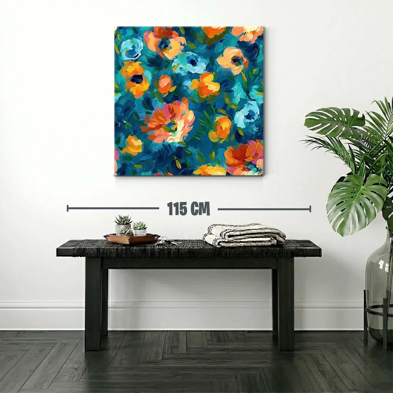 Cuadro floral vibrante con tonos azules y naranjas — miniatura 2