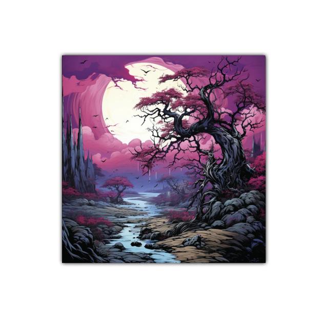 Paisaje fantástico con árboles y río bajo luna llena