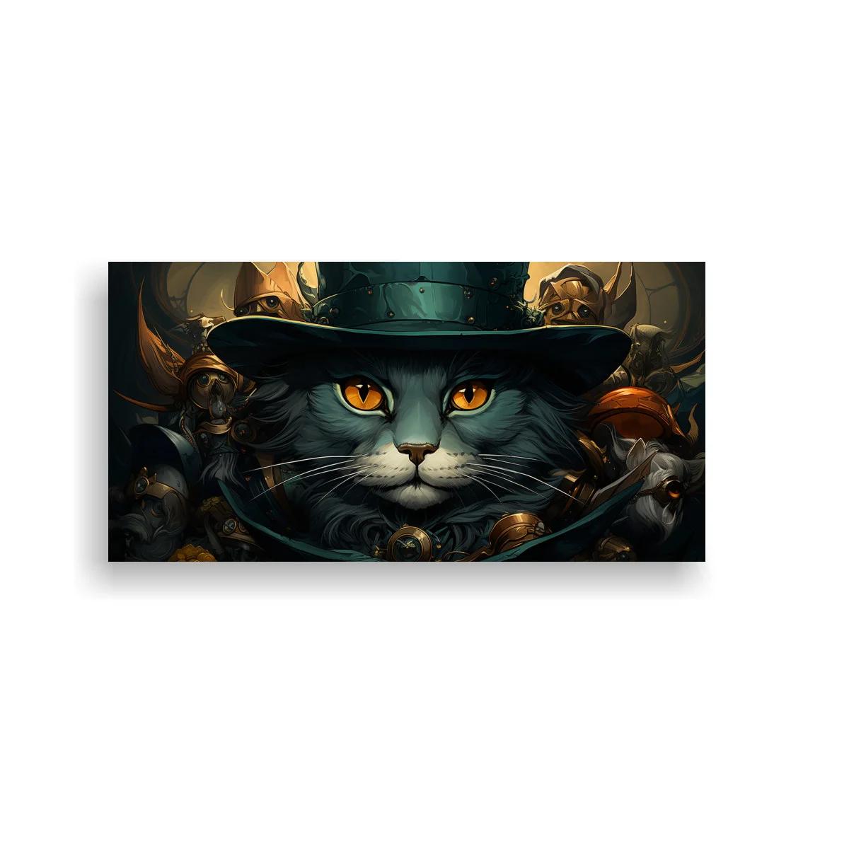 Cuadro gato gris con sombrero y campanas doradas