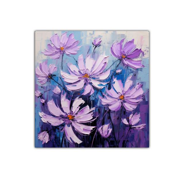 Cuadro decorativo con flores lilas y fondo en azules