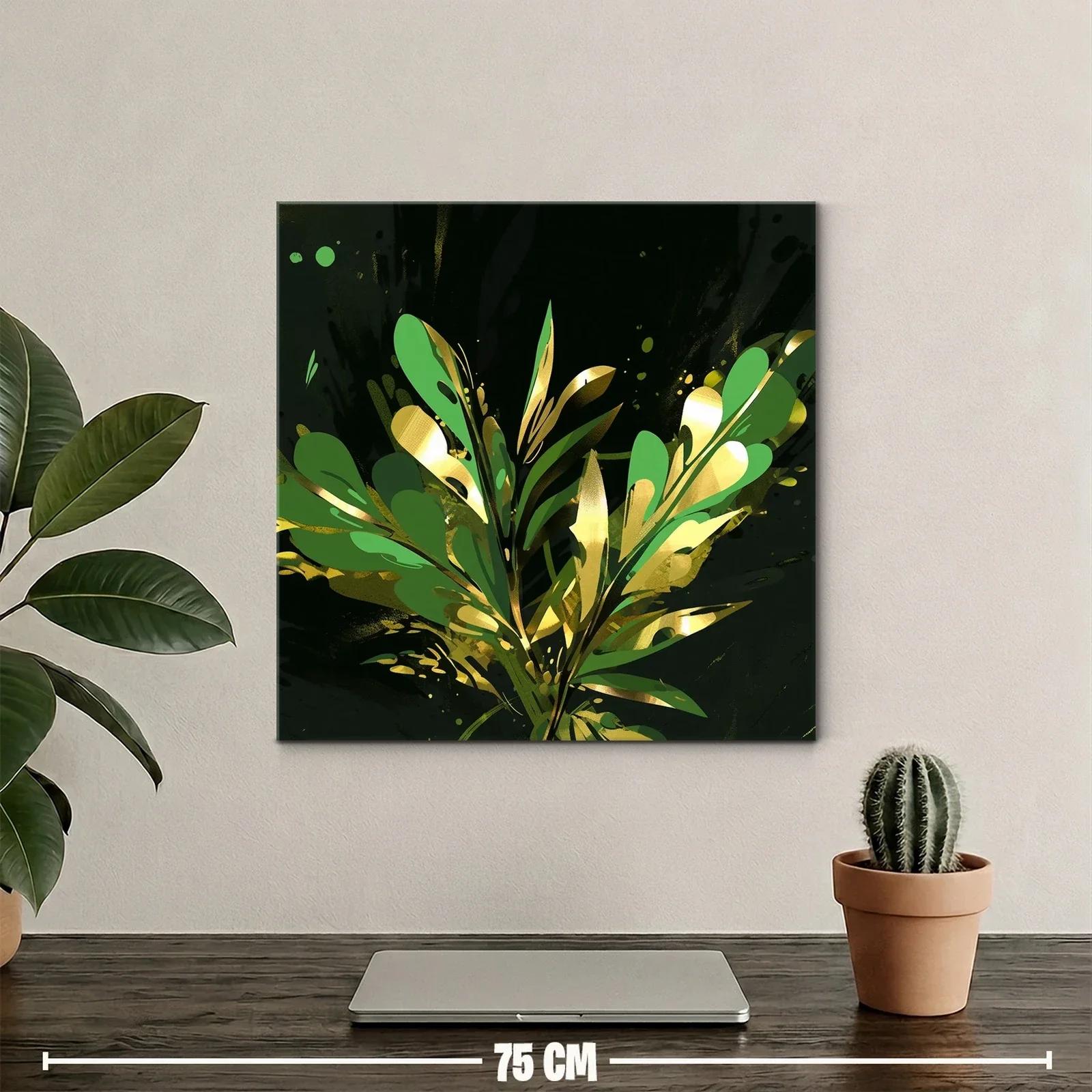 Cuadro abstracto con motivos vegetales dorados y verdes — miniatura 2
