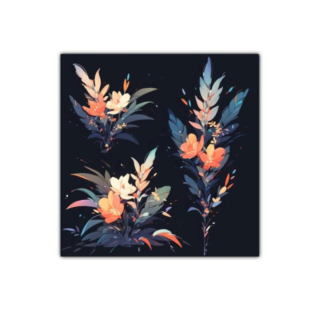 Composición floral moderna con tonos cálidos y fríos contrastantes