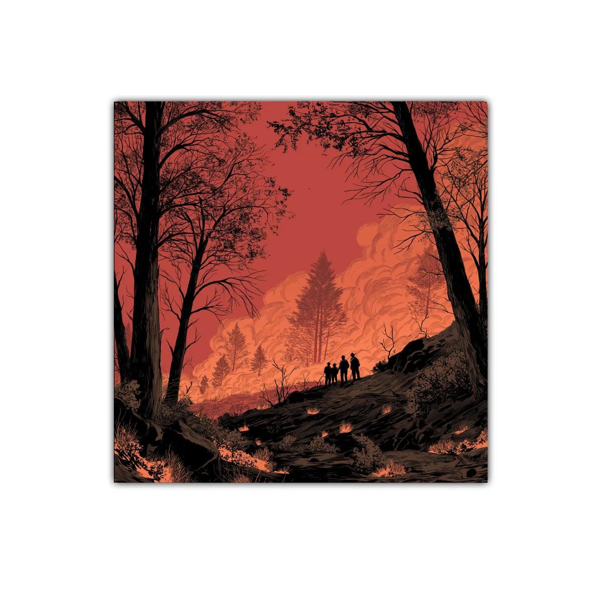Atardecer intenso con siluetas entre árboles en llamas — imagen principal