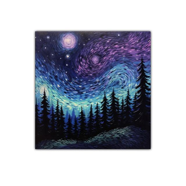 Cielo estrellado sobre bosque en tonos azul y violeta