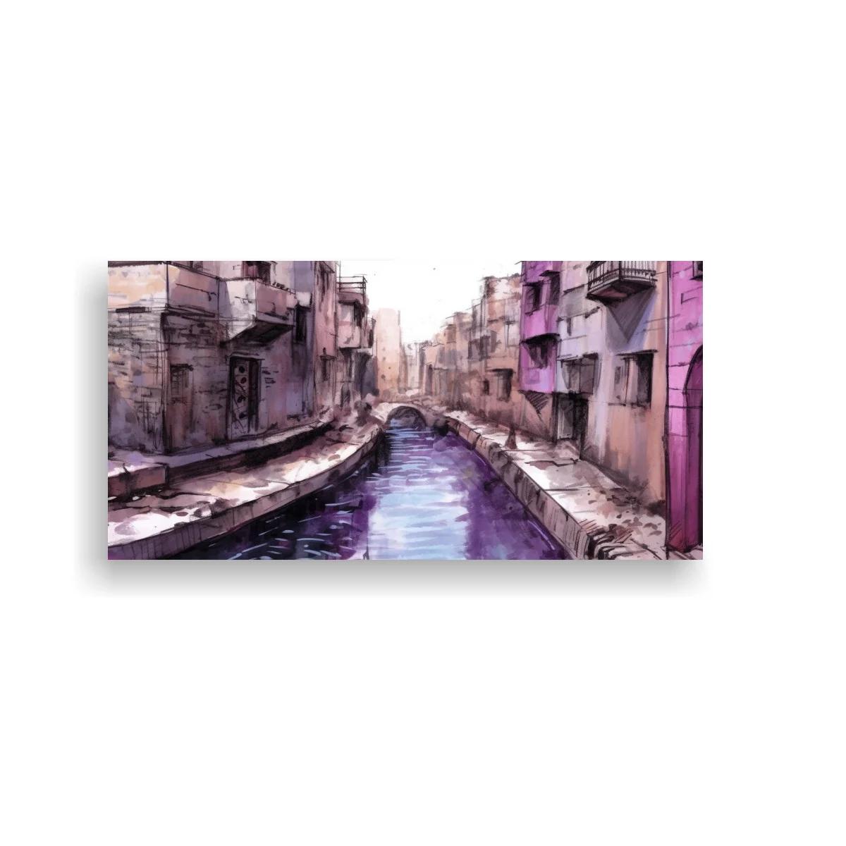 Cuadro canal urbano entre fachadas desgastadas