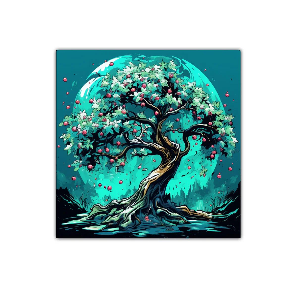 Árbol frondoso con frutos rojos sobre fondo azul vibrante