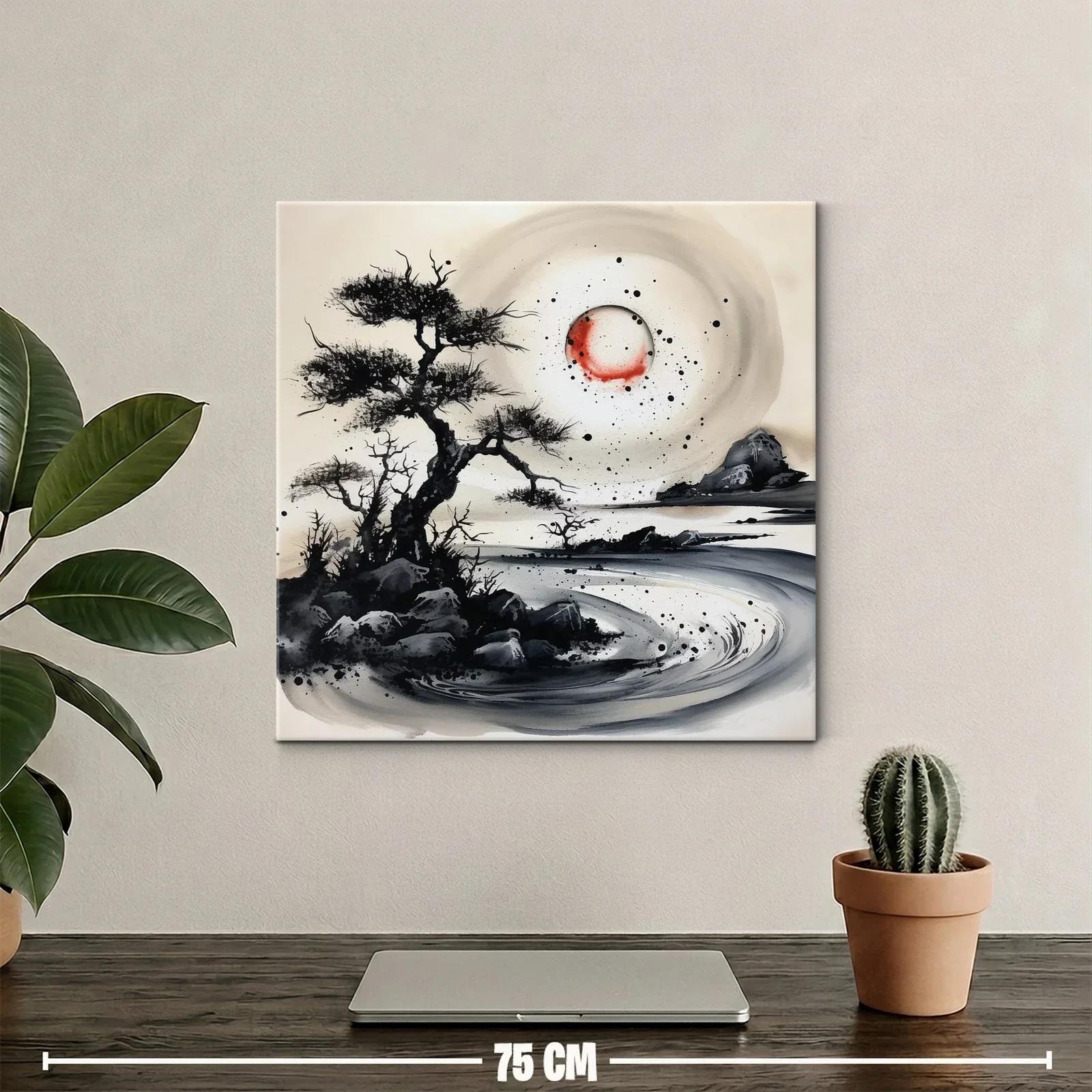 Paisaje onírico con árboles y luna roja en tinta china — miniatura 2