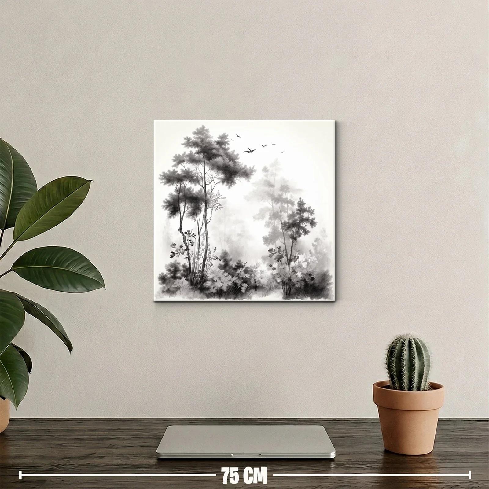 Paisaje sereno con árboles y aves en tonos neutros — miniatura 2