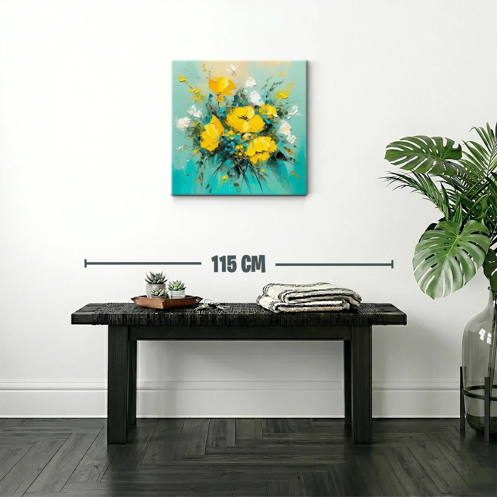 Cuadro moderno con ramo de flores amarillas y fondo turquesa — miniatura 2