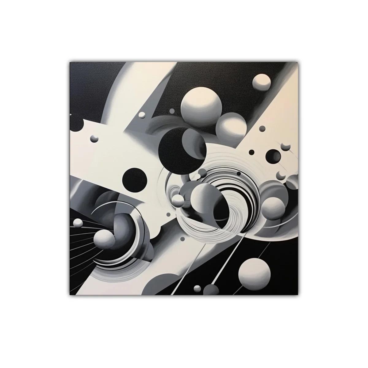 Composición abstracta en blanco negro con esferas dinámicas