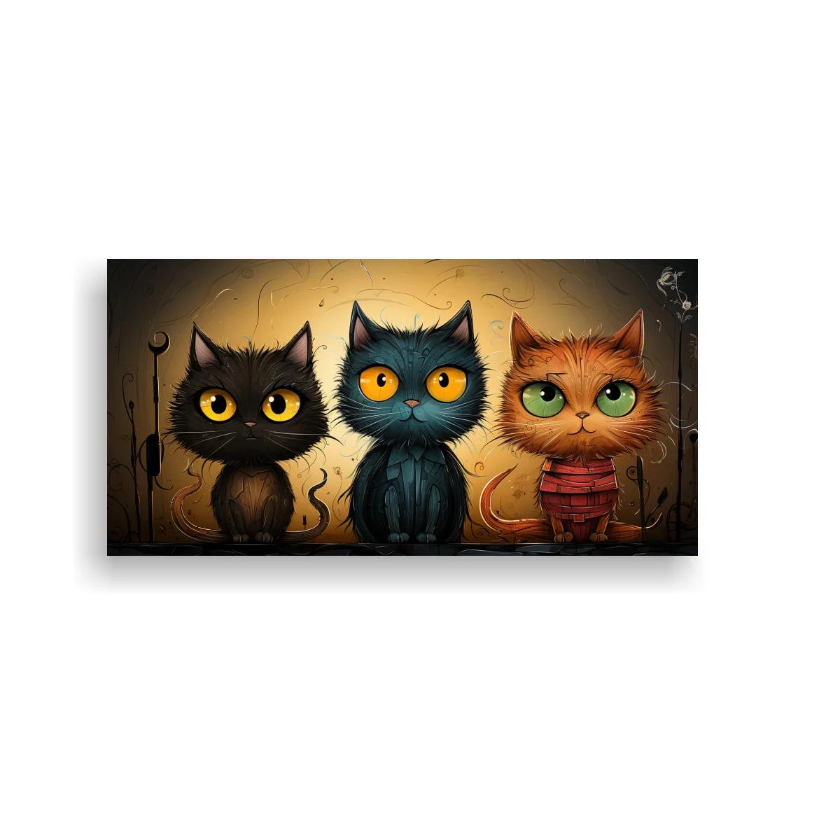 Cuadro tres gatos con ojos grandes y garabatos decorativos