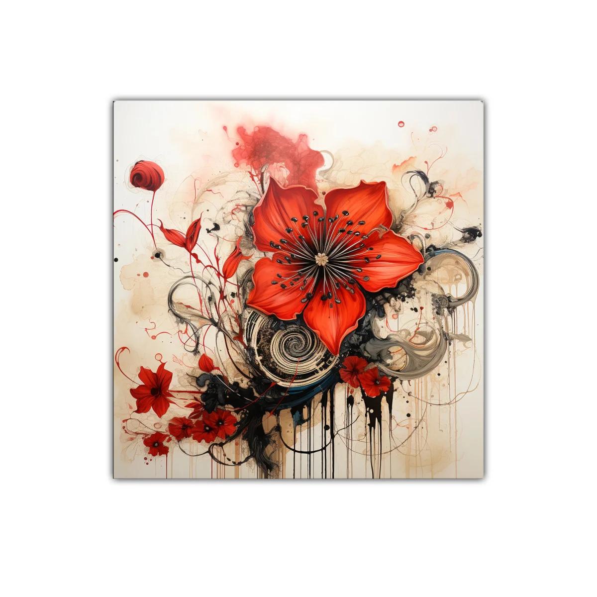 Cuadro decorativo con flores rojas vibrantes y diseño abstracto