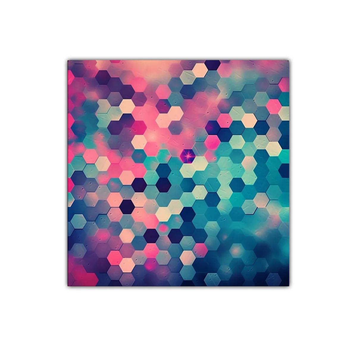 Cuadro decorativo hexagonal con tonos vivos y suaves tonos azules