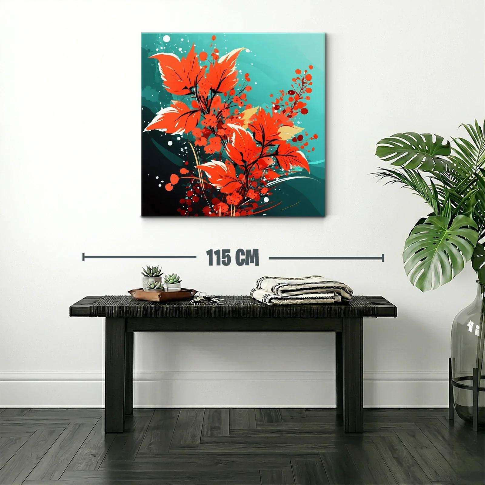 Cuadro moderno con hojas y flores en tonos rojos vibrantes — miniatura 2