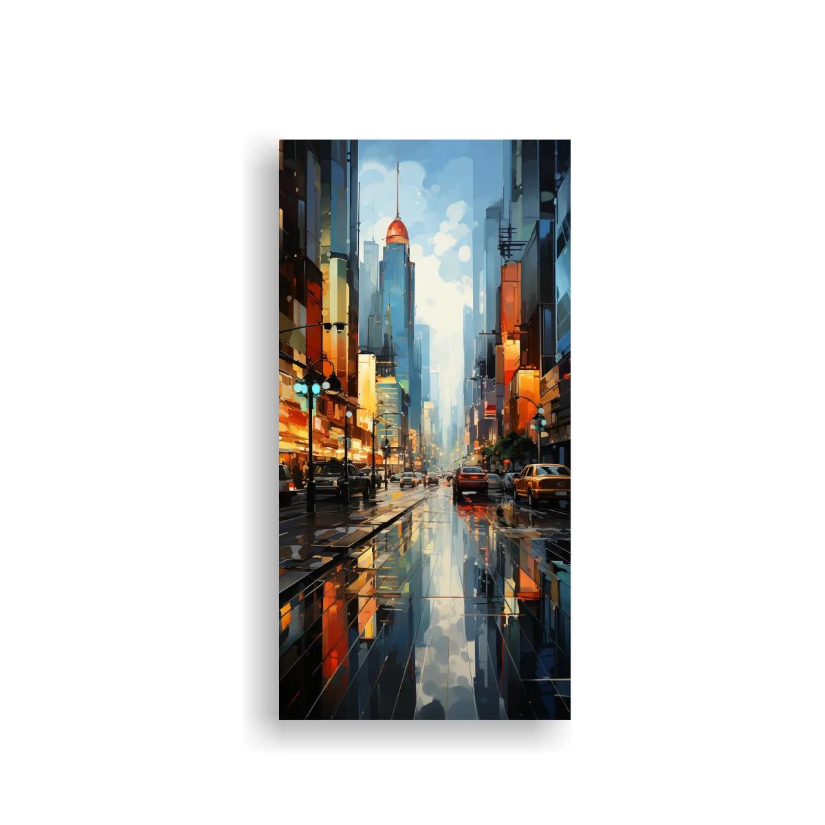 Cuadro avenida urbana lluviosa con reflejos cálidos