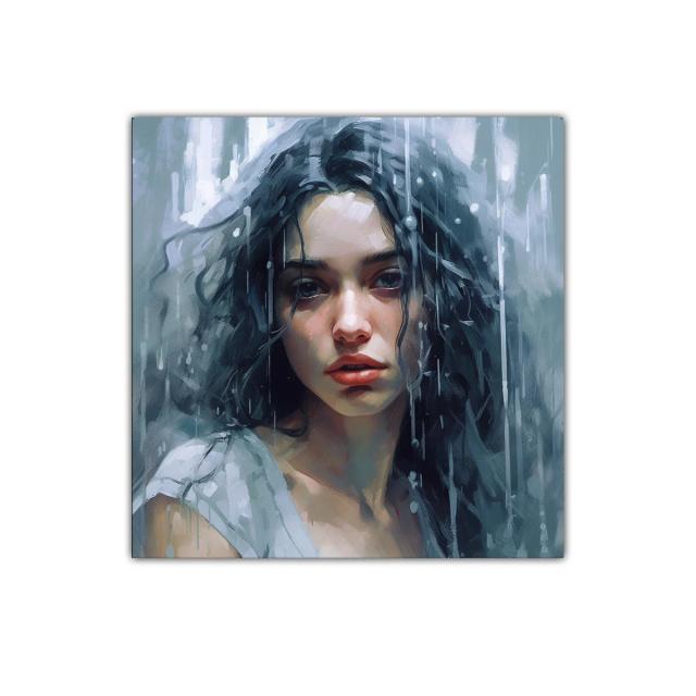 Retrato femenino con melancolía en tonos fríos y lluvia