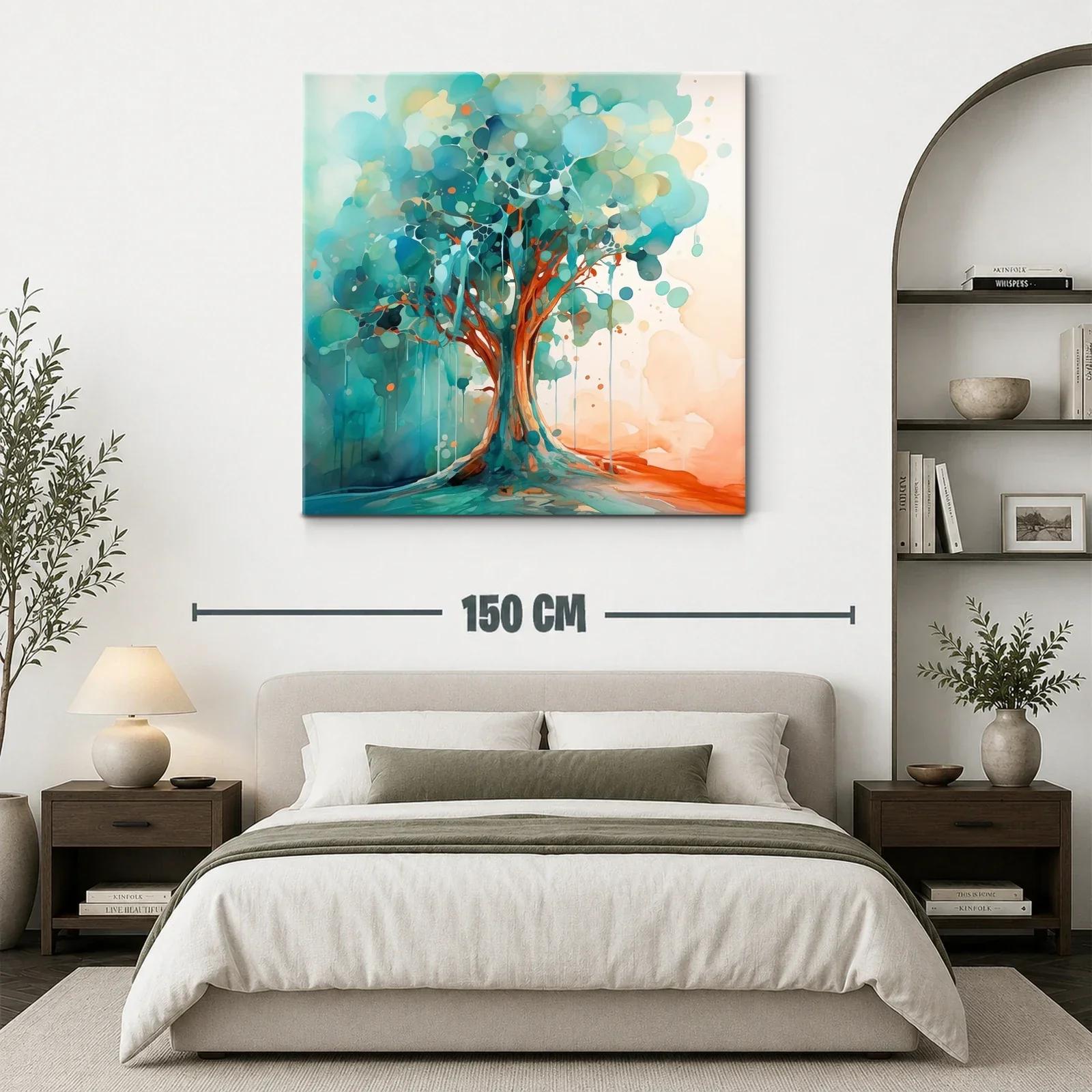 Cuadro moderno con árbol en tonos azules y naranjas vibrantes — miniatura 3