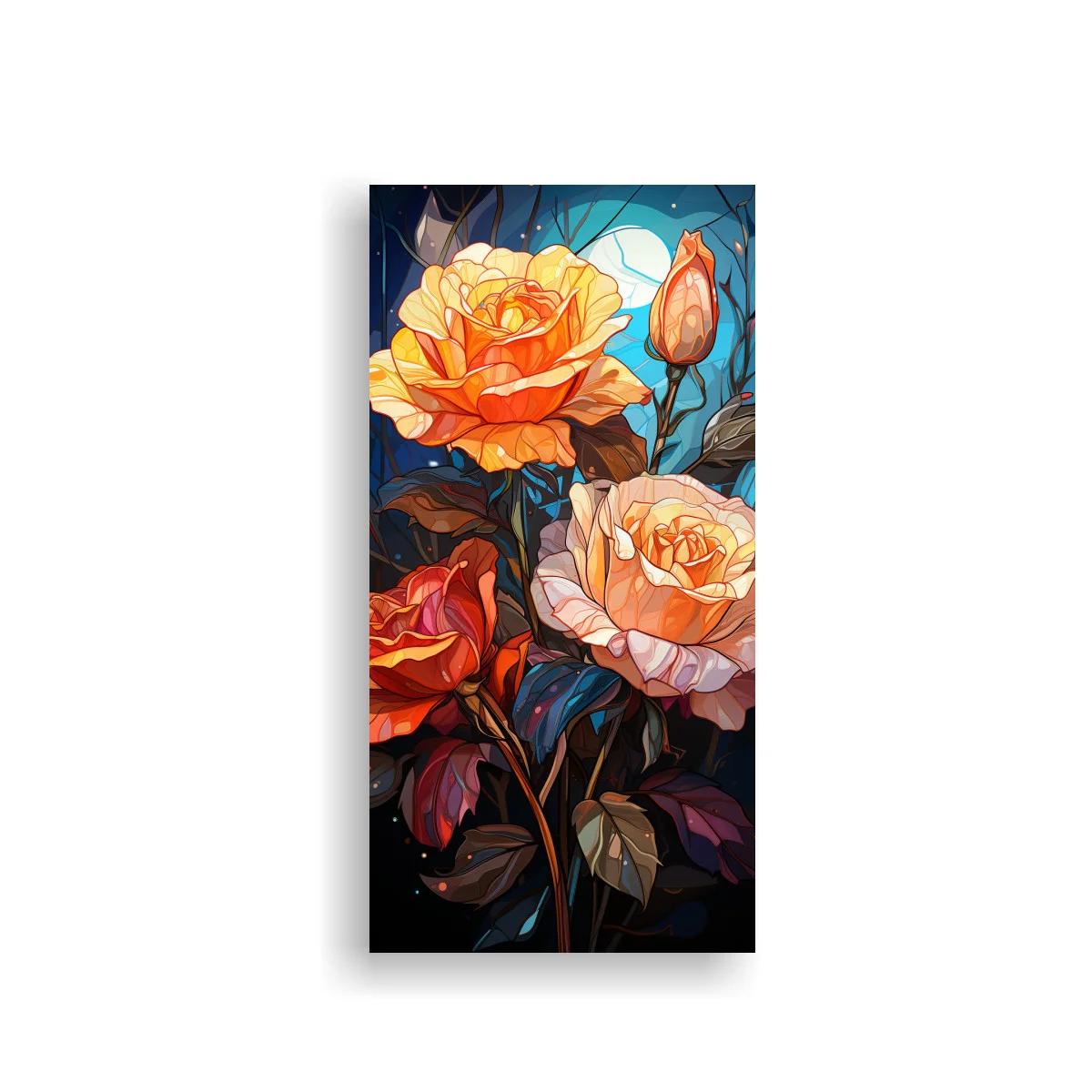 Cuadro rosas anaranjadas con capullo y fondo azul