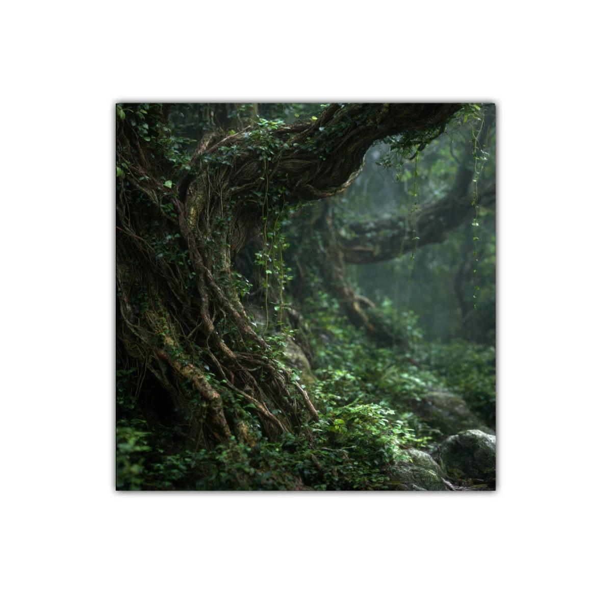 Bosque antiguo con raíces entrelazadas y follaje verde