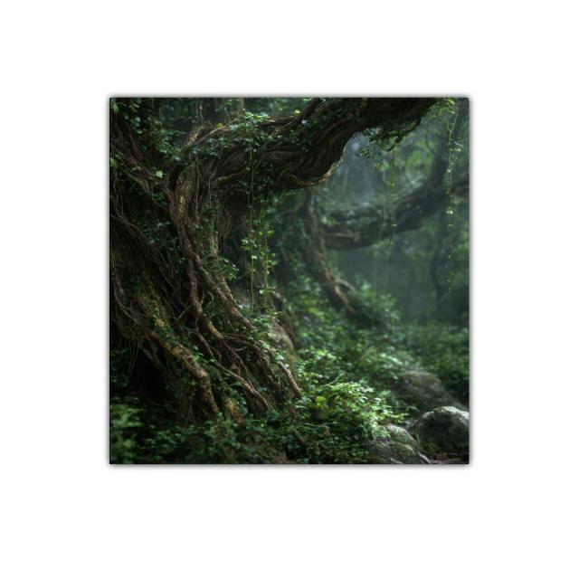 Bosque antiguo con raíces entrelazadas y follaje verde