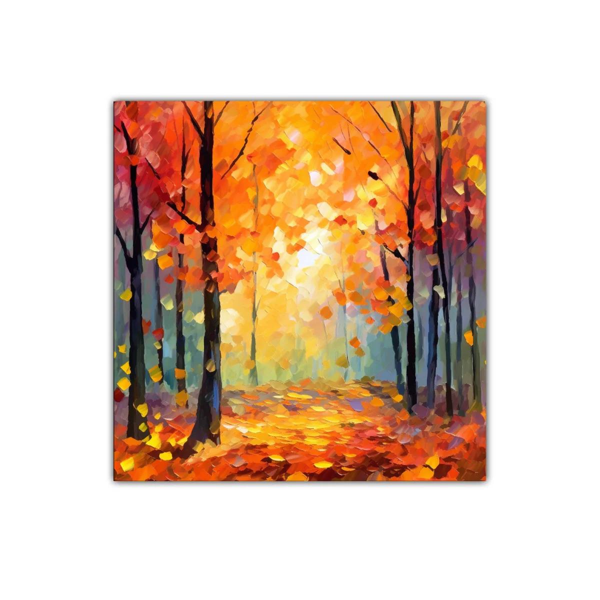 Cuadro decorativo de bosque otoñal con vibrante luz dorada — imagen principal