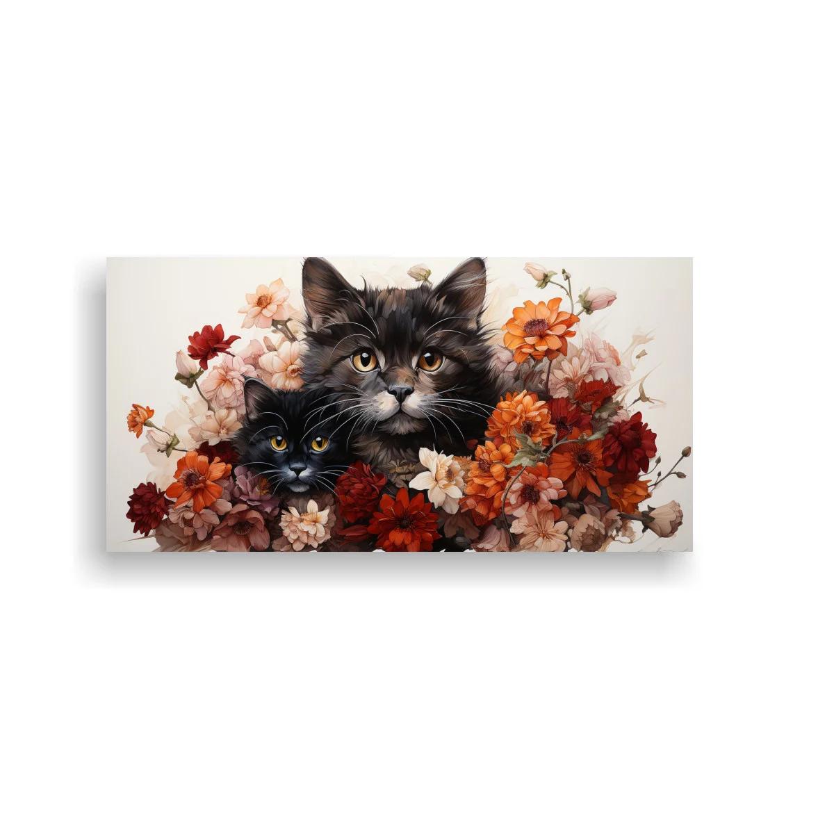 Cuadro dos gatos entre flores naranjas