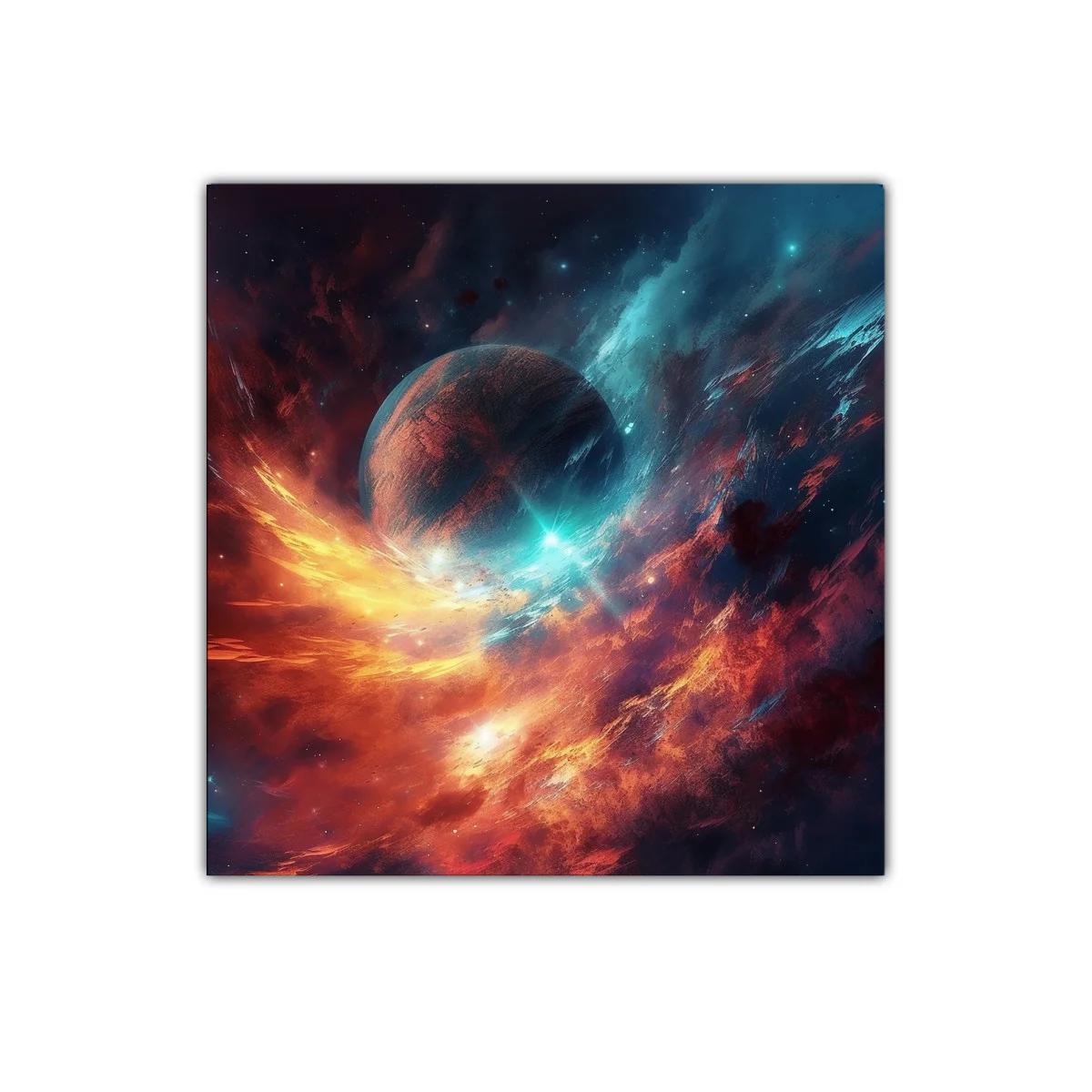 Explosión cósmica con planeta en tonos intensos y vibrantes — imagen principal