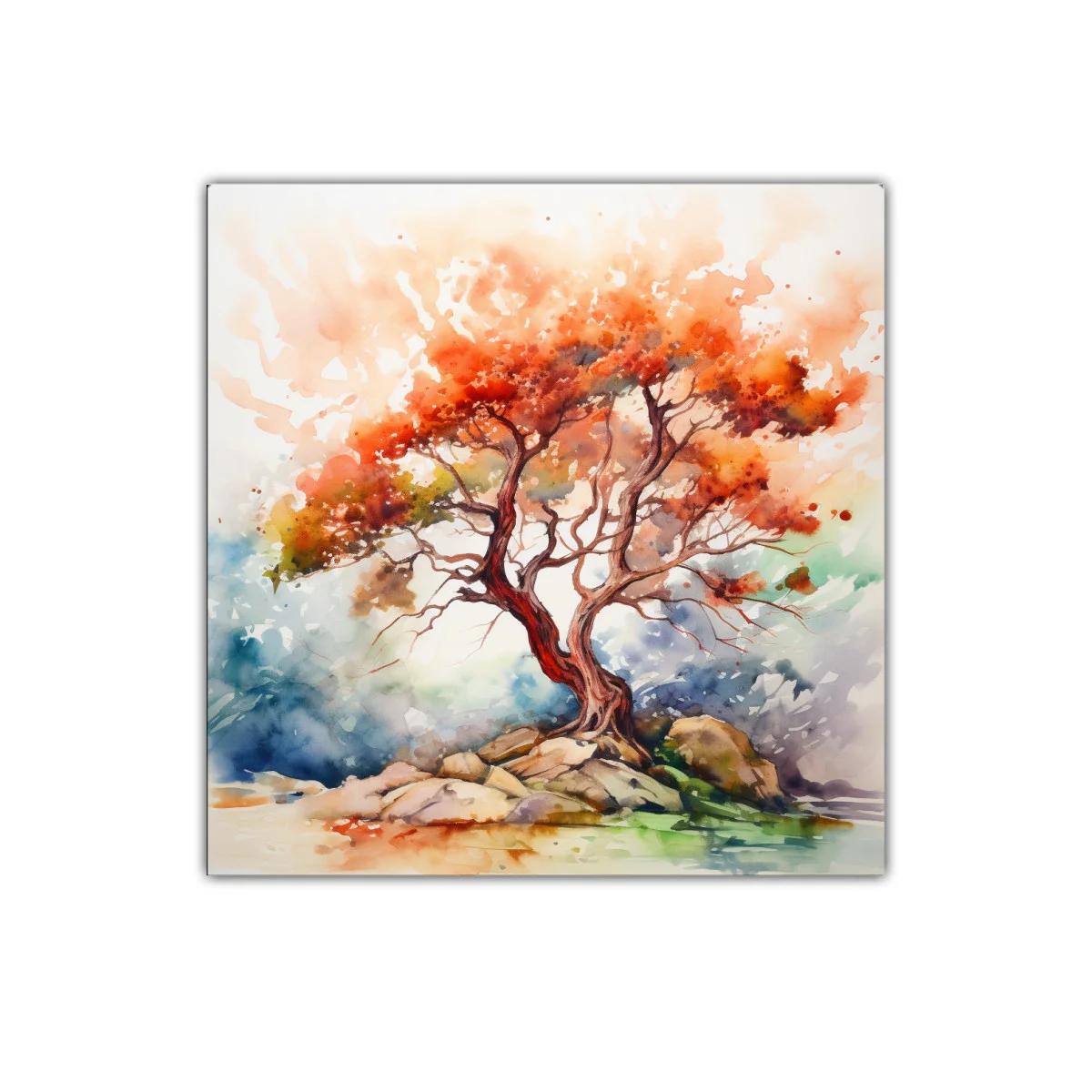 Árbol con follaje cálido y vibrante sobre rocas