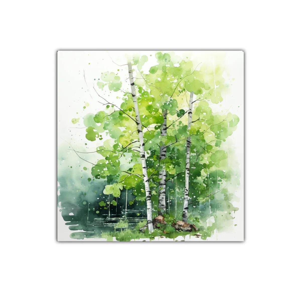 Bosque de abedules en acuarela con tonos verdes vibrantes — imagen principal