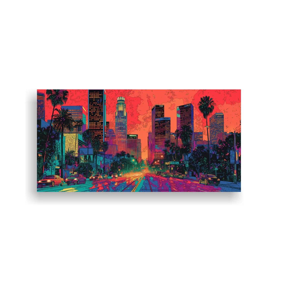 Cuadro skyline urbano con palmeras y avenida hacia los rascacielos
