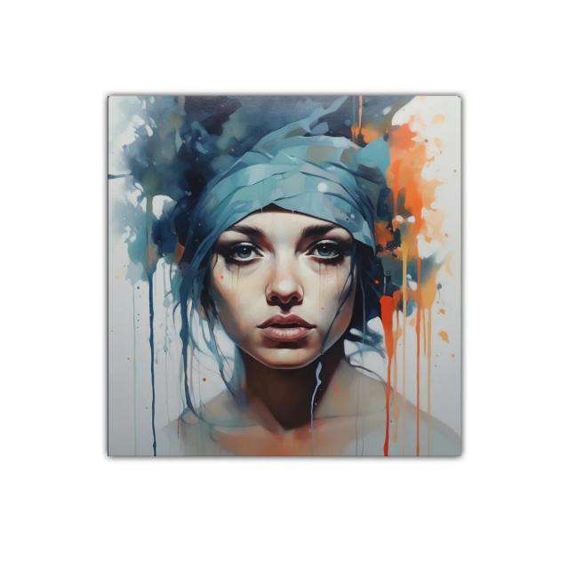 Retrato femenino con tonos azules y naranjas expresivos