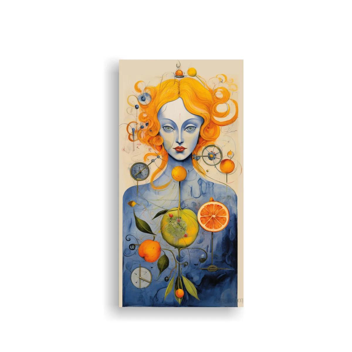 Cuadro mujer de cabello naranja con cítricos y círculos flotantes