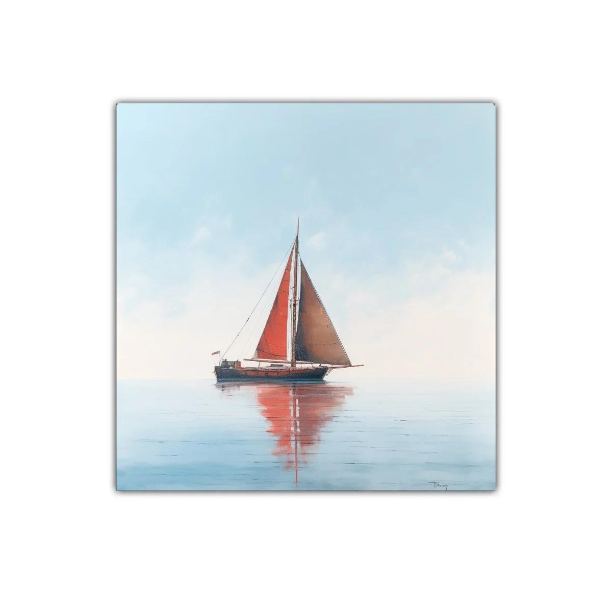 Velero con vela roja en mar tranquilo y cielo claro — miniatura 1