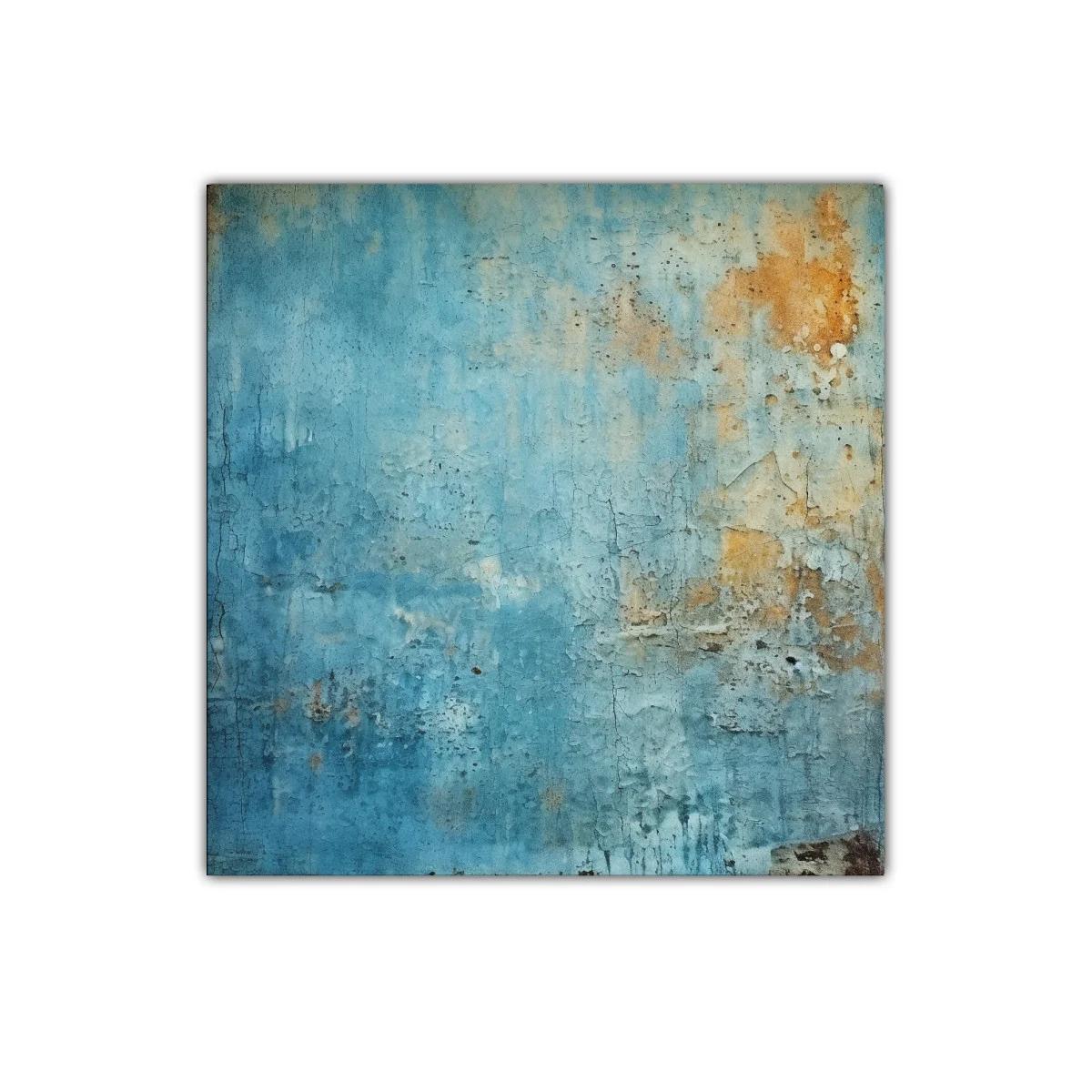 Cuadro abstracto con textura y tonos azul y ocre envejecidos