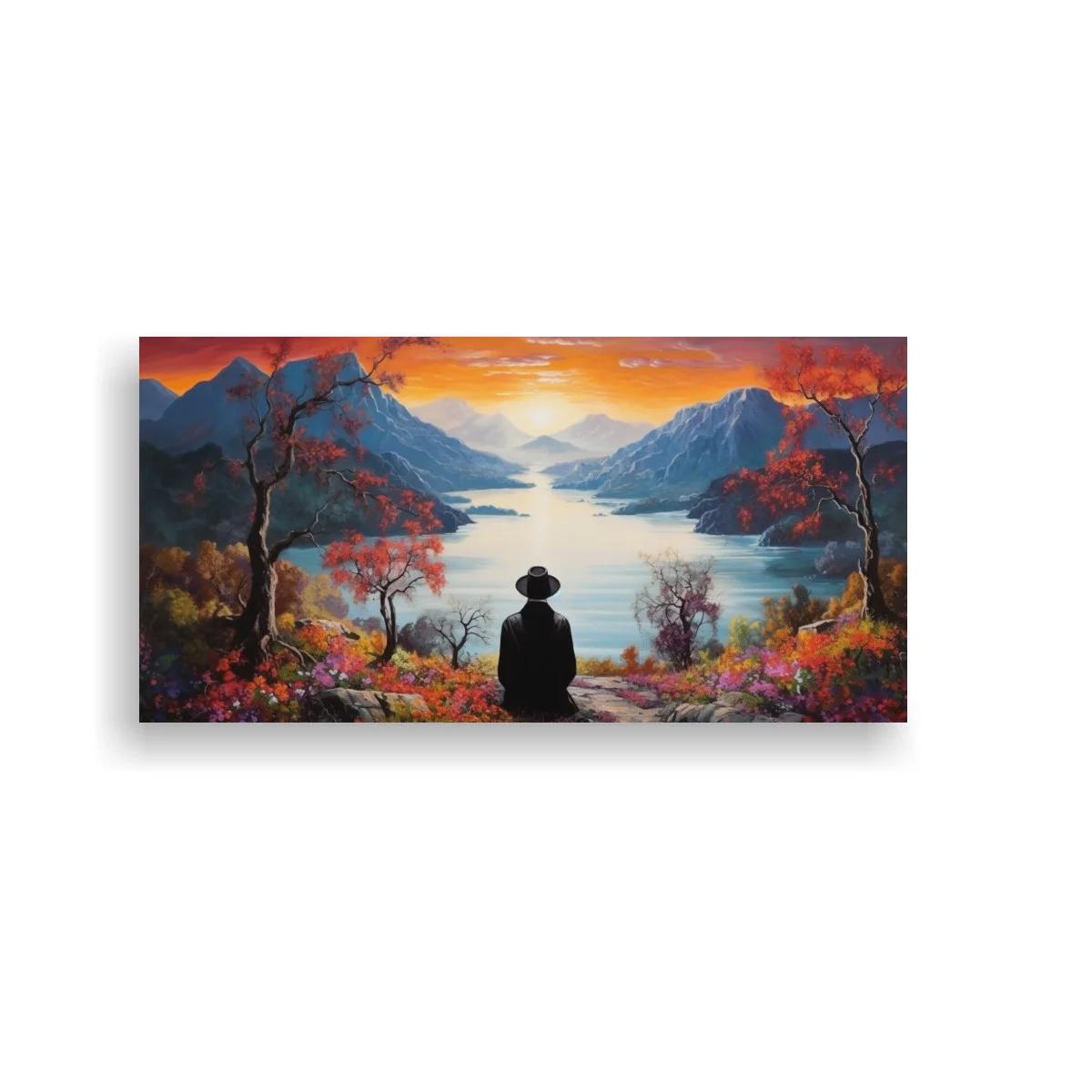 Cuadro figura solitaria con sombrero ante lago de montaña — imagen principal
