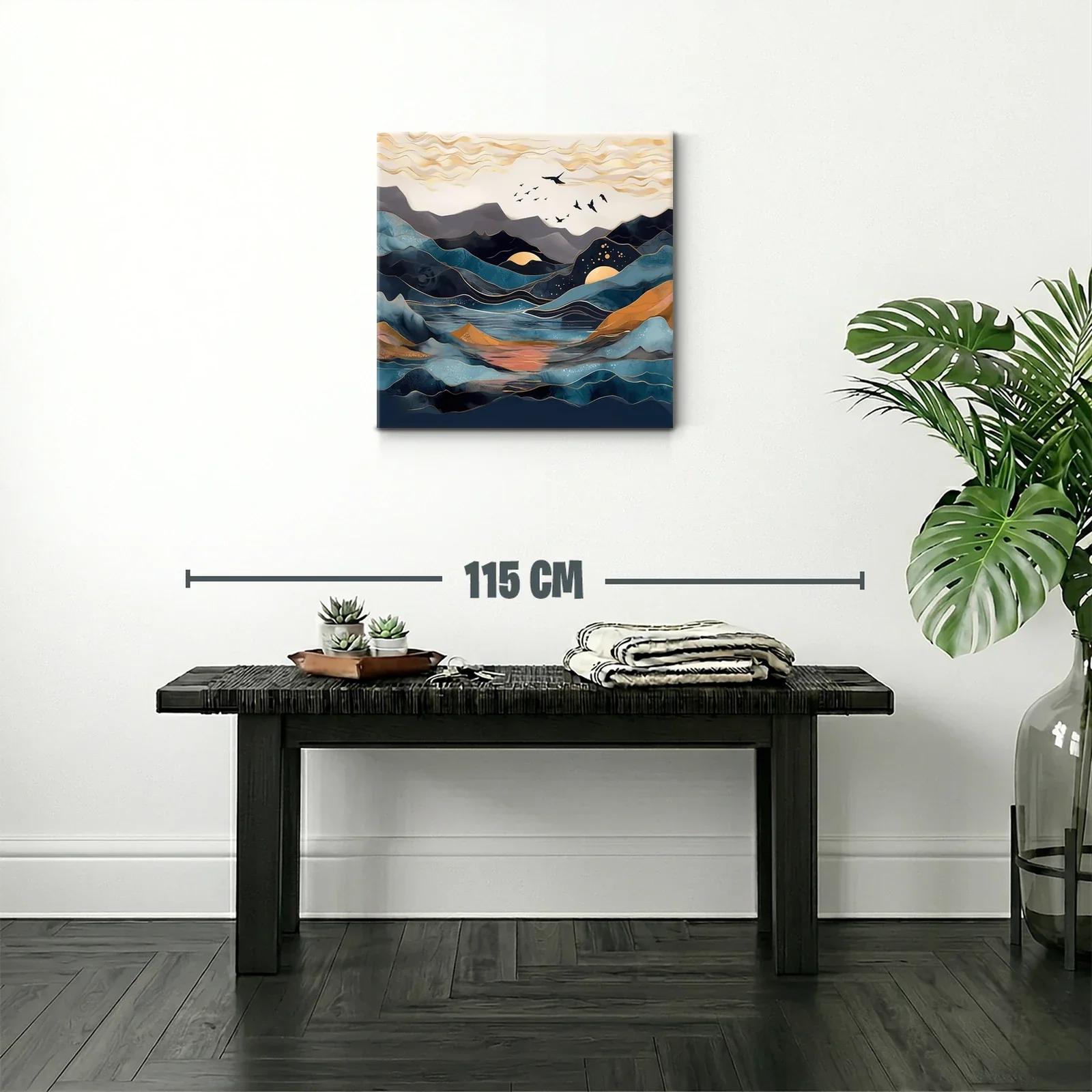 Paisaje abstracto con montañas y aves en tonos azules y dorados — miniatura 2