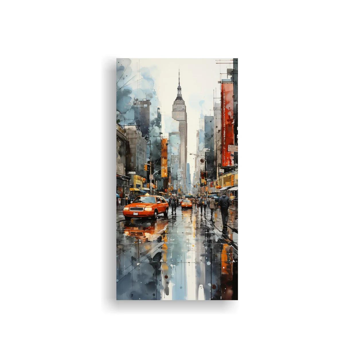 Cuadro Empire State Building con taxis en avenida lluviosa