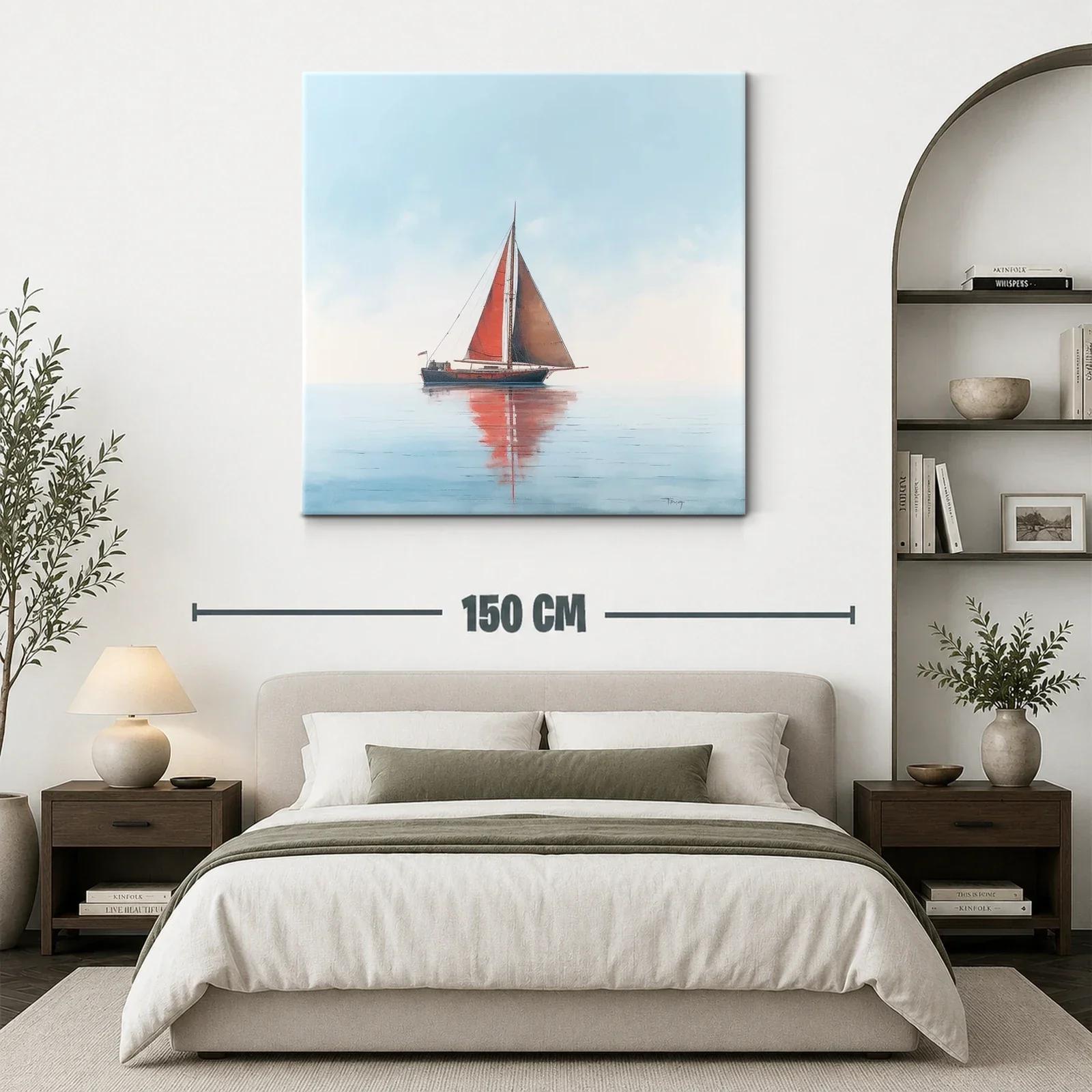 Velero con vela roja en mar tranquilo y cielo claro — miniatura 3